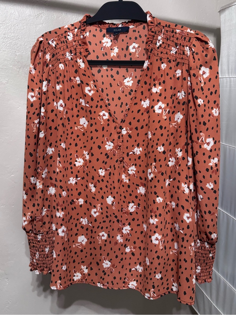 Eclair Rust Floral V-Neck Smocked Shoulder Blouse